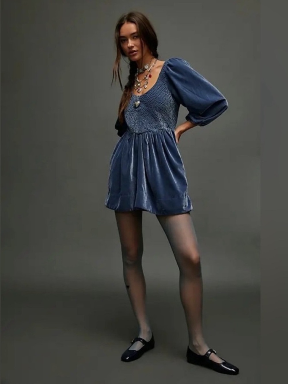 Sea Blue Velvet Smocked Mini Dress with Puff Sleeves